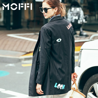 2016秋季新款MOFFI欧美风贴布拼接中长款修身条纹女式西服外套