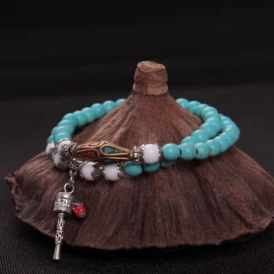 遇缘石珠宝原创手工民族风天然绿松石西藏喇嘛佛珠手链手串礼品