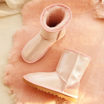 布纹雪地靴冬季银白羊皮毛一体雪地靴5825皮防水珠光粉色亮面潮