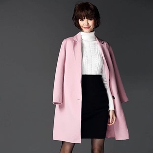 韩版2015秋冬新女士毛呢大衣九分袖羊毛双面呢羊绒外套中长款风衣