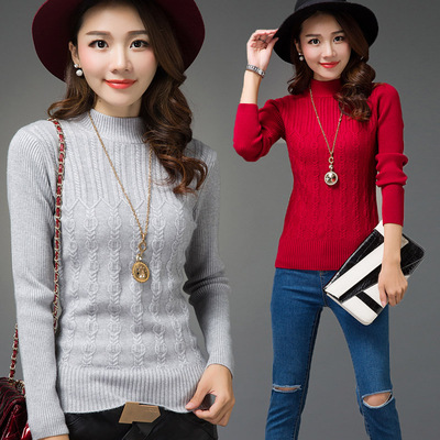 2015秋冬新品韩版半高领打底针织衫女修身长袖套头菱形羊毛衫上衣