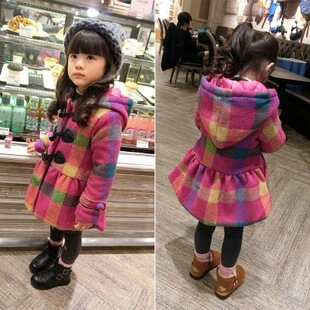 韩国童装2015新款女童彩色格子羊角扣夹棉加厚毛呢子大衣外套花苞