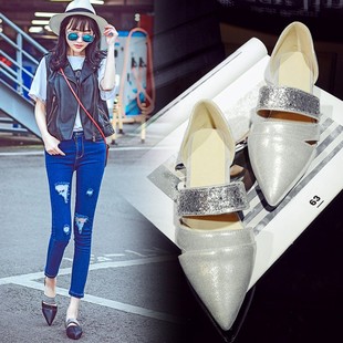 韩版新款尖头平底凉鞋亮片包跟侧空平跟女鞋大码40 41 42 小码