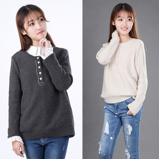 毛衣女韩国版冬天长袖常规款修身套头小清新纽扣学院风打底羊毛衫