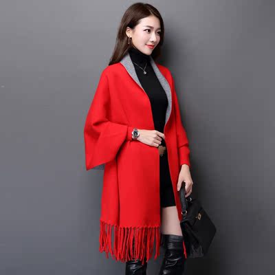 2015新款韩版高档大码蝙蝠衫羊绒披肩宽松流苏时尚双层加厚女外套
