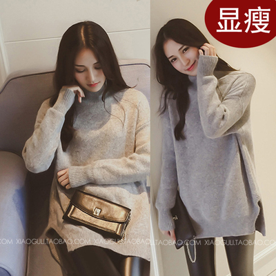 韩国代购冬季女装宽松显瘦开叉针织衫中长款套头兔毛毛衣女时尚潮