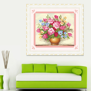 精准印花十字绣粉色玫瑰花瓶客厅卧室最新款简约花卉系列小幅简单
