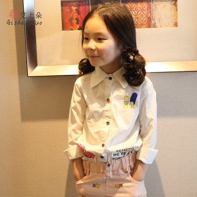 童装2015秋装新款韩版儿童翻领字母印花白色长袖衬衫糖果色纽扣