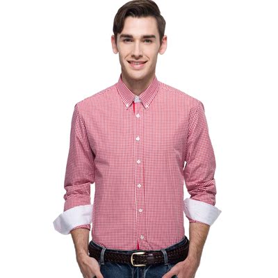 James Earl男装男士长袖衬衫韩版修身红格子衬衫商务休闲衬衣