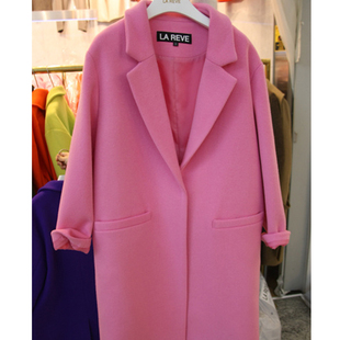韩国东大门2015冬季新款女装茧型粉色毛呢外套女中长款呢子大衣潮