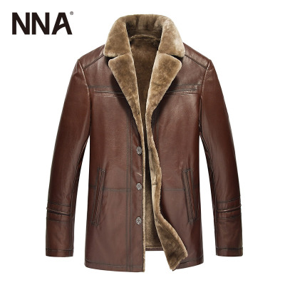 NNa2016新款皮毛一体男士皮衣红棕色西装领高档海宁真皮皮衣外套