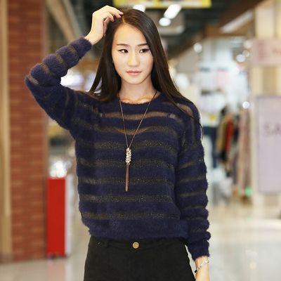 女2015秋装新款韩版毛衣上衣圆领套头宽松长袖圆领短款针织衫包邮