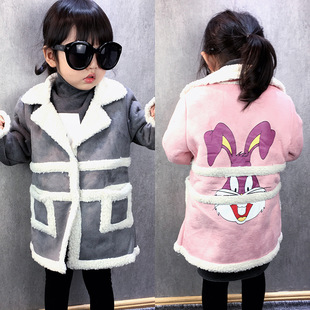 女童秋冬装加绒外套加厚2中小童拼接羊羔毛风衣3岁韩版潮儿童大衣
