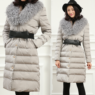 2015冬季新品羽绒棉衣 中长款冬装通勤外套可脱卸山羊毛领棉服
