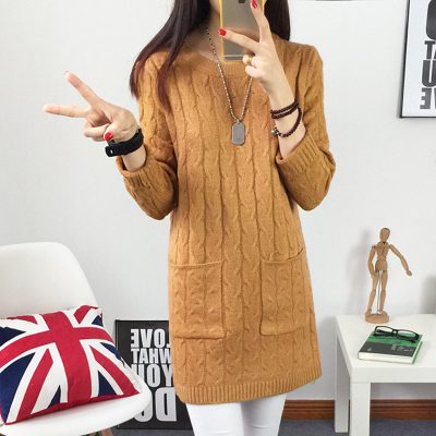 2015秋冬新款女装韩版中长款圆领麻花两口袋针织衫学院风套头毛衣