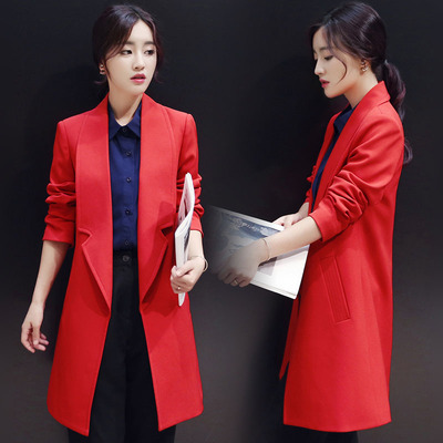 2015韩版最新大码简约长袖外套西装领气质中长款西装学院百搭大褂