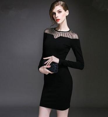 2015秋季新款女装韩版气质网纱修身长袖裙高端显瘦包臂一步连衣裙