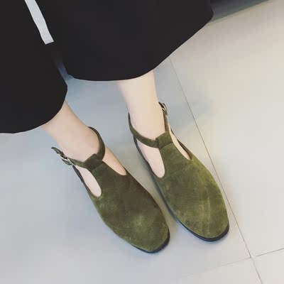 2016夏季新款低帮鞋女鞋纯色粗跟韩版皮带扣头层牛皮金属装饰套脚