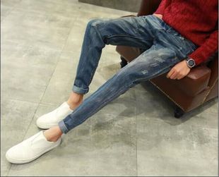 2015冬季新款修身小脚裤男日系韩版时尚牛仔裤青少年牛仔男长裤子