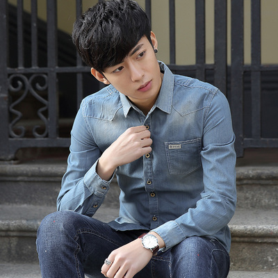 男士韩版修身衬衣长袖牛仔男装衬衫春季英伦学生潮