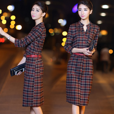 2015秋装新款女装韩版复古格子长裙女修身显瘦七分袖长款连衣裙子