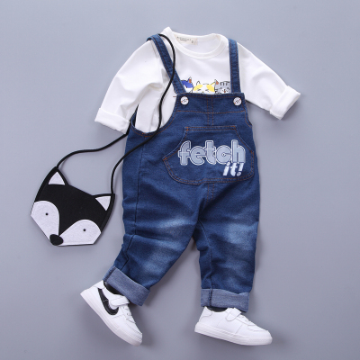 韩版秋季0男童套装1宝宝长袖T恤2-3-4岁婴幼儿牛仔背带裤两件套女