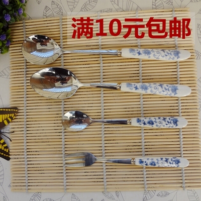 不锈钢陶瓷手柄勺子韩式创意餐具 青花瓷长柄勺子咖啡搅拌勺包邮