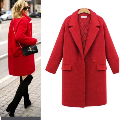 2015冬季新款欧洲站中长款大码毛呢外套女茧型加厚红色羊绒大衣女