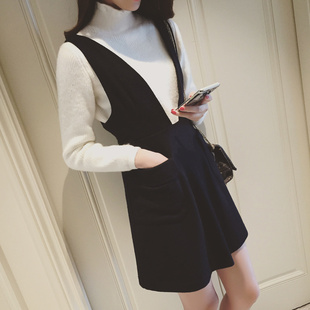 A哚啦2015冬装新款韩版国洋气纯色百搭中长款背带连衣裙