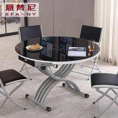电动升降餐桌椅组合带电磁炉现代简约多功能钢化玻璃圆方桌茶几