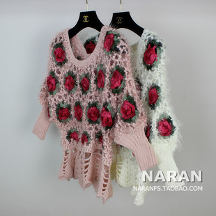 NARAN甜美性感韩国新款秋冬女装修身套头时尚毛衣花朵镂空针织衫