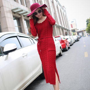 2015秋装新款韩版女装毛衣裙修身显瘦针织长裙针织麻花毛衣连衣裙