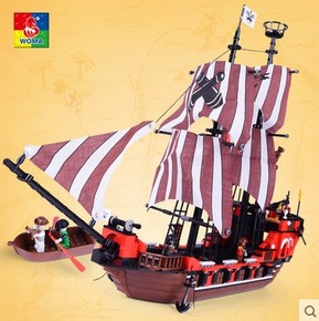 沃马早教益智玩具亲子互动乐高式兼容拼插积木海盗船虎鲨号 J5694