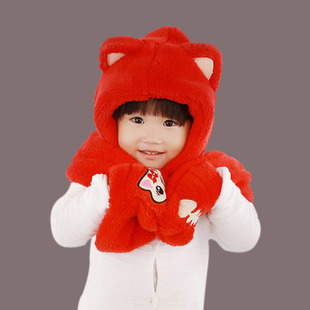 包邮红色韩版加厚儿童保暖围巾宝宝帽子三件一体套装潮男女冬可爱