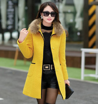 2015秋冬新款韩版大码修身羊毛呢外套女单排扣中长款毛领呢子大衣