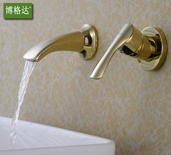 金色嵌入墙水龙头面盆冷热全铜暗装瀑布欧式浴室柜仿古分体2件套