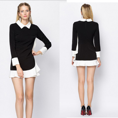 2016春装新款黑白撞色荷叶边长袖翻领气质显瘦修身打底连衣短裙女