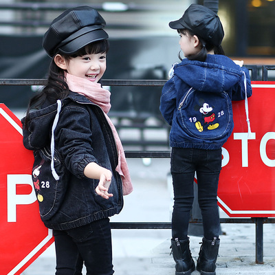 女童牛仔外套秋冬装韩版加厚中小童卡通短款牛仔衣宝宝长袖上衣潮