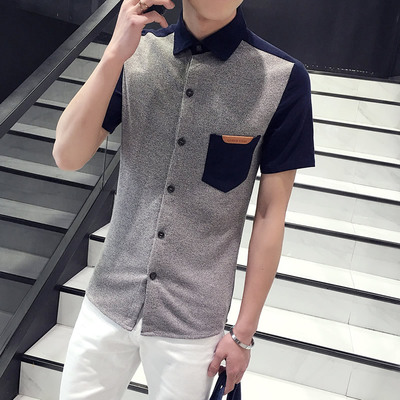 2016夏季拼色短袖衬衫男士加肥加大码衬衣韩版半袖潮男装