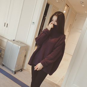 2015冬季新款韩版时尚开叉套头毛衣女宽松高领加厚针织打底衫女潮