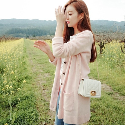 2016韩版女装大码秋装新款甜美V领开衫毛衣宽松针织衫中长款外套