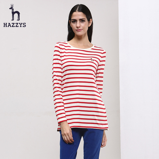 Hazzys哈吉斯2015秋季新品女装长袖T恤 女士条纹圆领纯棉百搭上衣