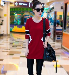 2015新款印花拼接拼色圆领酒红色黑色韩版秋装包臀修身女长袖t恤