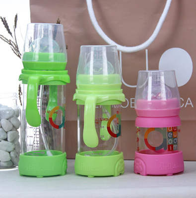 2015新款-宽口防摔晶钻直身玻璃奶瓶 防胀气奶瓶子