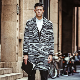 2015欧美风高端品质男式时尚斑马纹毛呢长款大衣外套英伦风男大衣
