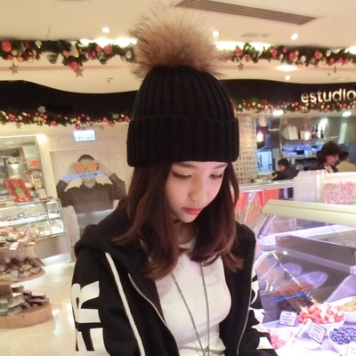 韩国东大门雪梨同款毛线帽真貉子超大毛球针织帽女冬天保暖潮帽子