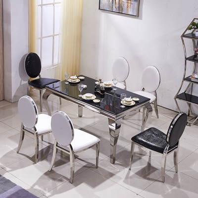 简约现代不锈钢钢化玻璃餐桌小户型大理石餐厅餐桌椅组合6人饭桌