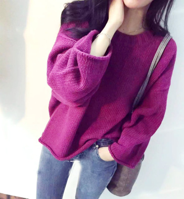 2015韩版新款2015女装圆领卷袖毛衣打底针织衫女套头上衣潮冬