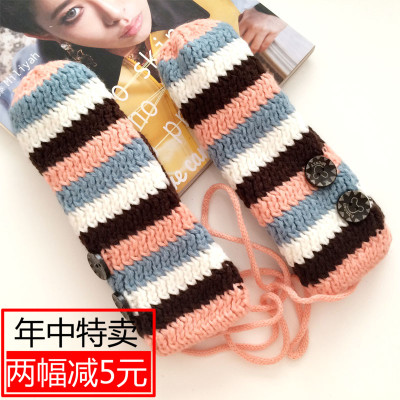 韩版可爱冬季加厚加绒针织毛线连指手套 冬天保暖女士手套 带挂绳