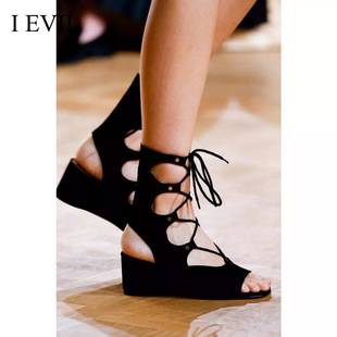 2015欧美时尚性感朋克复古罗马黑色镂空绑带高帮细带坡跟凉鞋女